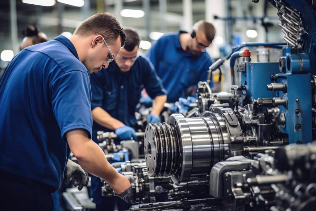 Skilled individuals operating various machines in a manufacturing or industrial entreprise outillage industriel