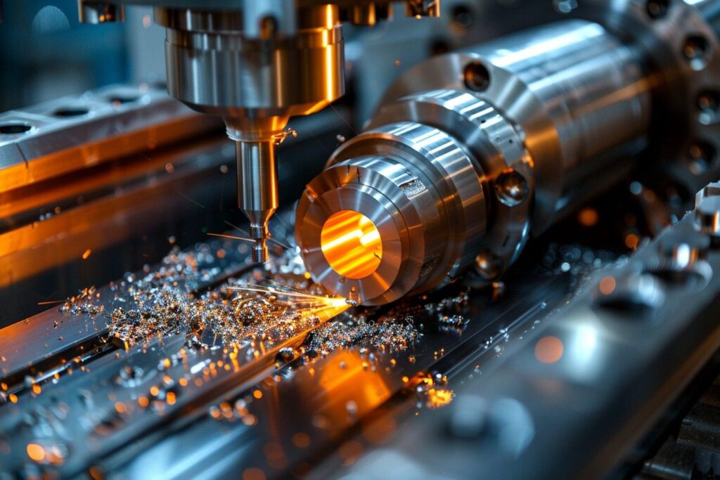 Usinage CNC de haute précision d'une pièce métallique avec projections d'étincelles et copeaux dans un atelier.